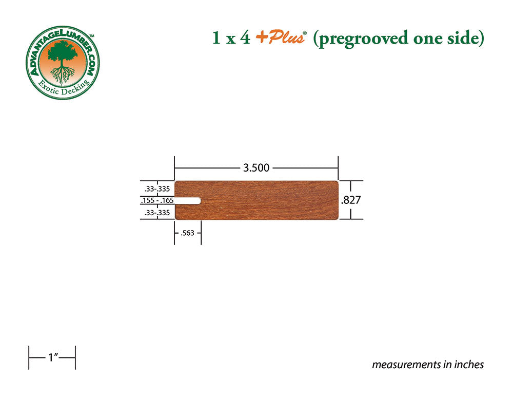 1 x 4 +Plus® Cumaru Wood One Sided Pre-Grooved Decking (21mm x 4)