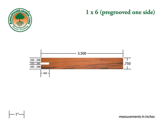 1 x 6 Tigerwood One Sided Pre-Grooved Decking