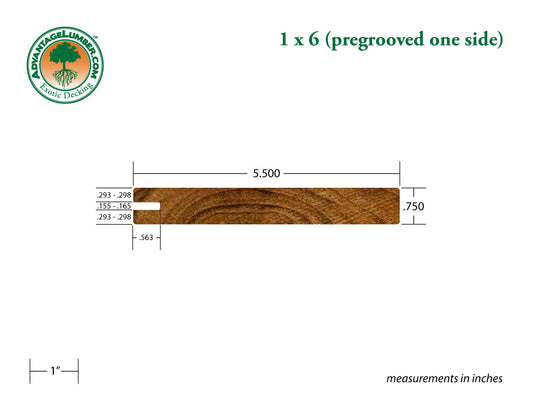FSC® 1 x 6 Teak - Plantation Wood One Sided Pre-Grooved Decking
