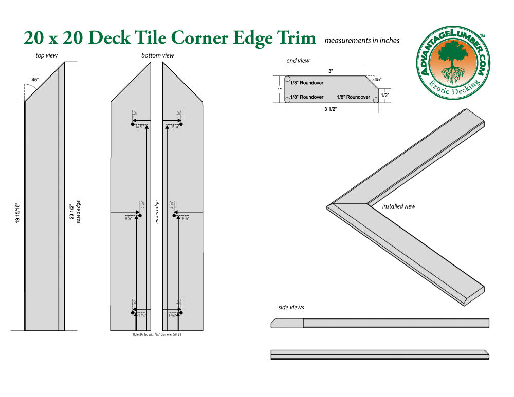 20 x 20 Deck Tile Edge Trim - Outside Corner Set