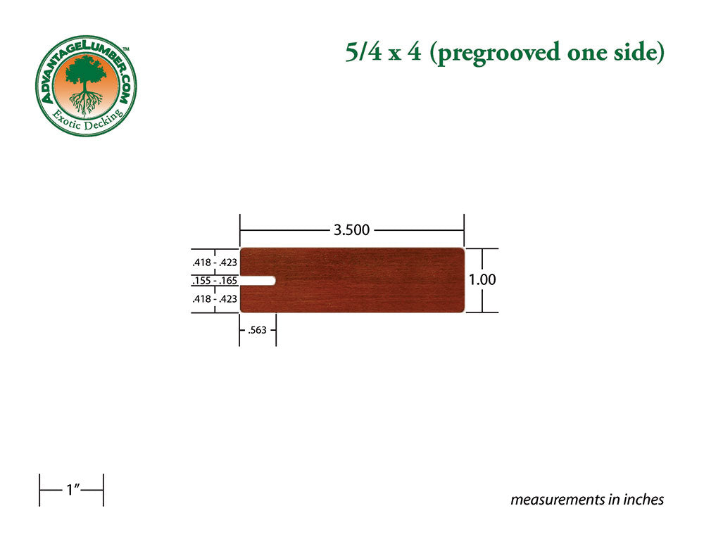 5/4 x 4 Brazilian Redwood (Massaranduba) Wood One Sided Pregrooved Decking