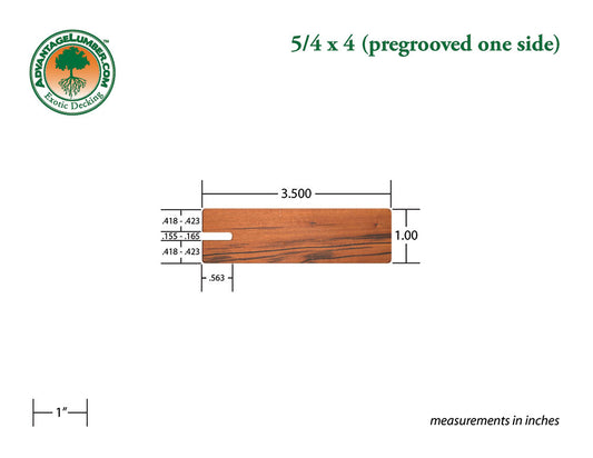5/4 x 4 Tigerwood Wood One Sided Pregrooved Decking